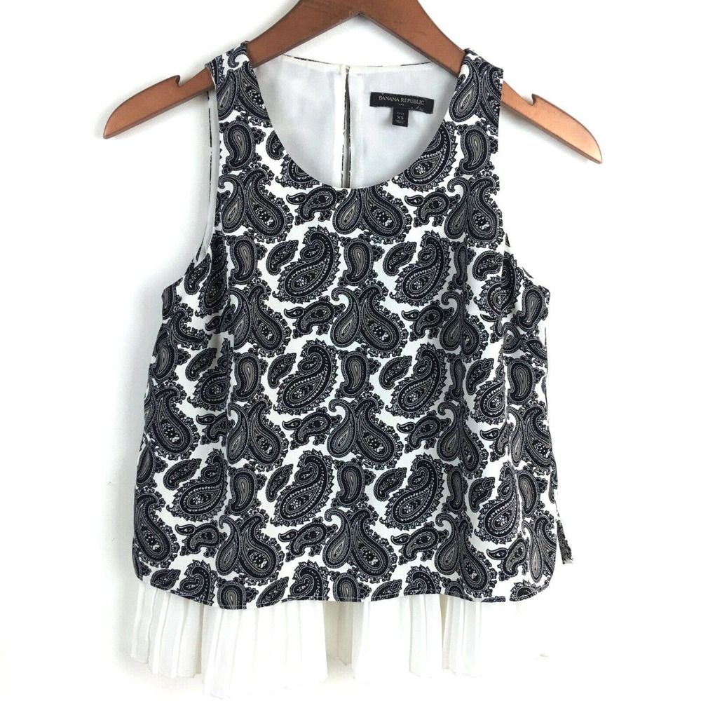 Banana Republic Womens Top XS Petite Black White Paisley Sleeveless Chiffon
